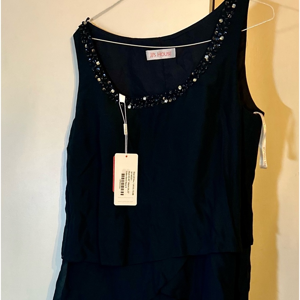 Beaded Neckline Chiffon Navy Dress